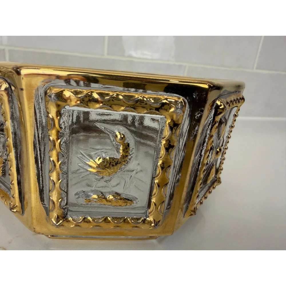 Imperial Glass Octagonal Trinket Box Gold Gilt Bird Flower Candy Dish With Lid